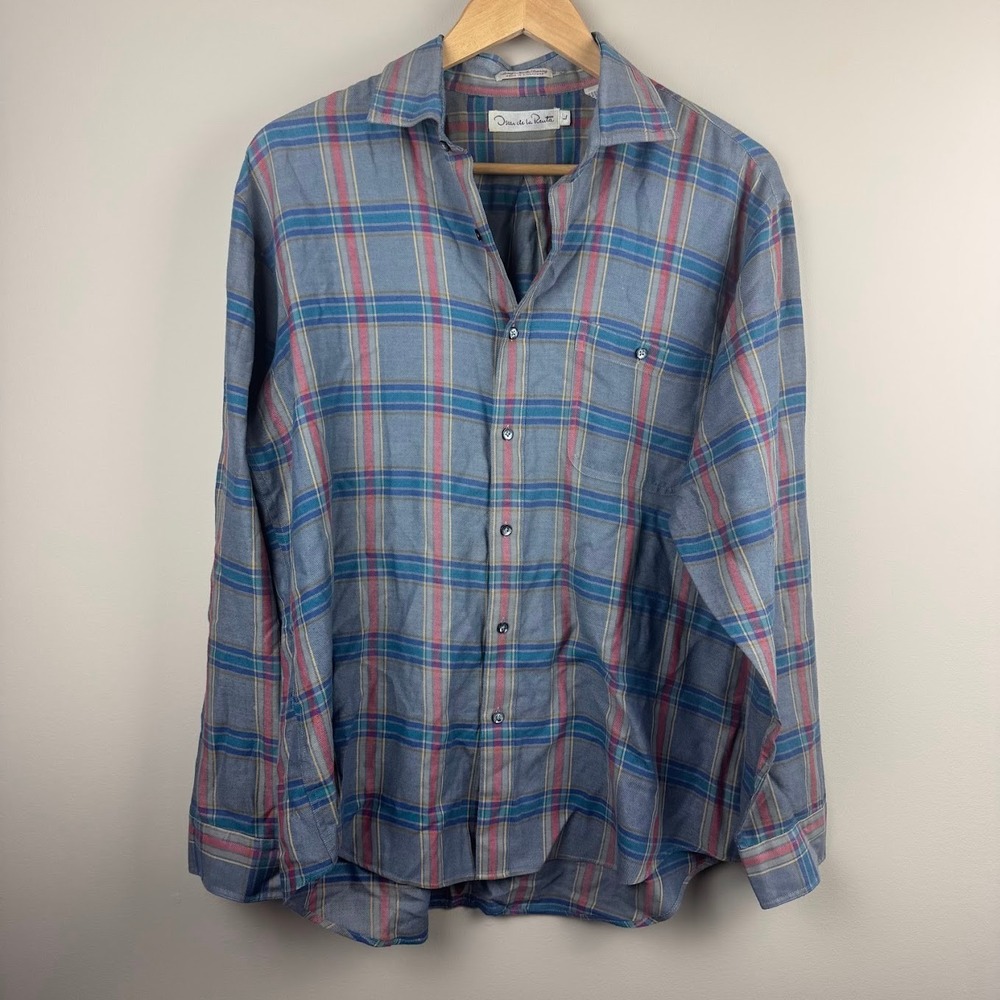Oscar de la Renta Plaid Button Down Shirt‎ Women Size L Blue Pink Long Sleeve